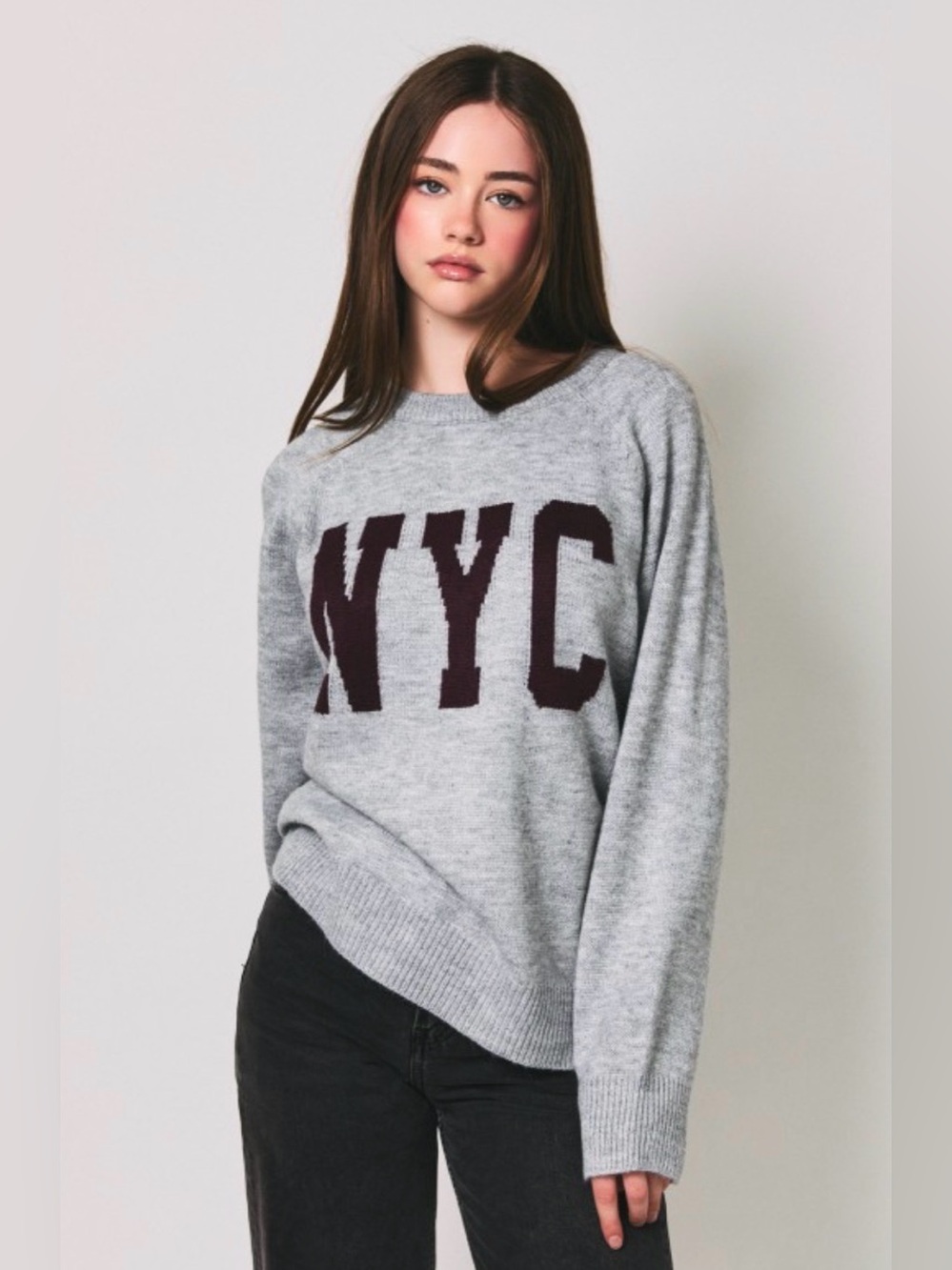 209 Le Lis Light Gray Crewneck Sweater with Dark Burgundy 'NYC' Lettering